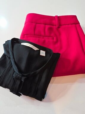 BUNDLE Talbots Red Dress Pants 10P & LC Lauren Conrad Black Tuxedo Blouse Small